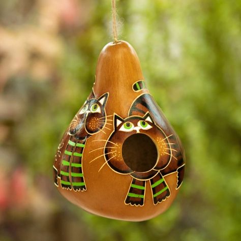 Hand-Painted Dried Gourd Birdhouse with Cat Motif from Peru - Cute Cats | NOVICA Cat Gourd, Two Cute Cats, Calabash Gourd, Fall Gourds, Halloween Gourds, Homemade Bird Houses, Gorgeous Gourds, Gourds Birdhouse, Happy Farm