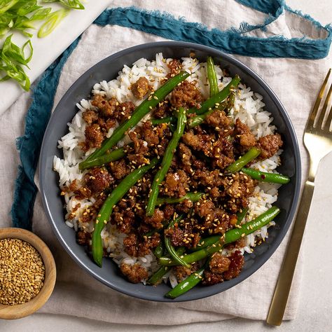 Korean Ground Beef And Green Beans, Korean Ground Pork Bowl, Ground Pork Broccoli, Ground Pork And Broccoli Recipes, Korean Ground Pork Recipes, Hello Fresh Ground Pork Recipes, Ground Pork Bulgogi Recipe, Ground Pork Green Beans, Korean Pork Bowl