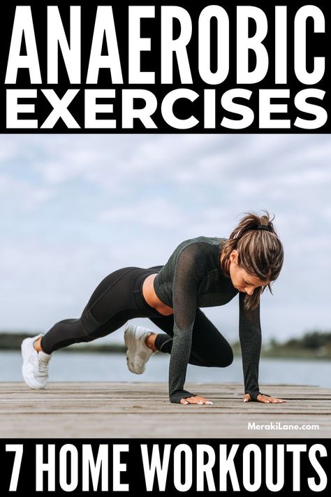 7 Best Anaerobic Exercises to Boost Your Metabolism | Aerobic vs anaerobic exercises -- what's the difference? In short, aerobic workouts focus on increasing your heart rate and breathing over long durations (cardio) and anaerobic workouts focus more on strength and building muscle and require more immediate energy (HIIT). Anaerobic exercises increase your metabolism, burn fat, increases bone strength and density. Click for a list of the best workouts for women you can do at home and the gym. Anaerobic Workouts For Women, Anaerobic Workouts, Anaerobic Exercises, Cardio Exercises At Home, Easy Cardio, Best Cardio Exercises, Cardio Ideas, Cardio Moves, Workout Low Impact