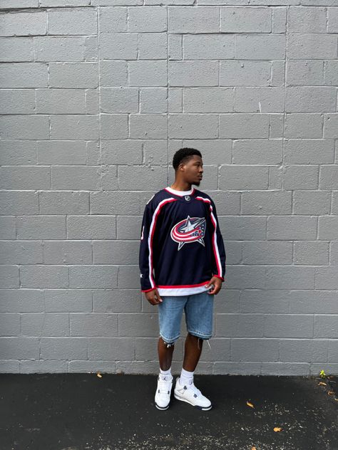 Columbus crew hockey jersey, Jean shorts, Jordan 4 Midnight Navy Outfit With Jordan 4, Semi Formal Men Outfit, Semi Formal Men, 2023 Mens Fashion, Jordan 4 Outfit Men, Jordan 4 Outfits, Jordan 4 Midnight Navy, Black Teens Fashion, Jordan 4 Outfit