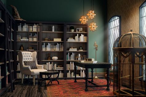 Dumbledore Study Harry Potter House Interior, Hogwarts Inspired Decor, Harry Potter Dining Room, Hogwarts Office, Harry Potter Office Decor, Harry Potter Interior Design, Harry Potter Interior, Harry Potter Office, Harry Potter Library