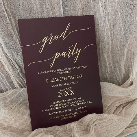 Celebrate your achievement with our stylish and customizable college graduation invitations! Find the perfect design to match your school colors and theme. Personalize your invites to make your special day unforgettable. Order now! #GraduationInvitations #CollegeGraduation #GraduationParty #InvitationDesign #CustomInvitations #Graduation2022 #Classof2022 #CelebrateSuccess #PersonalizedStationery #MemorableMoments Simple Grad Party, Burgundy Graduation Party, Theme For Birthday Party, High School Graduation Invitations, Vintage Party Theme, Graduation Invitation Cards, Graduation Invitations High School, Graduation Invitation Ideas, Romantic Minimalist