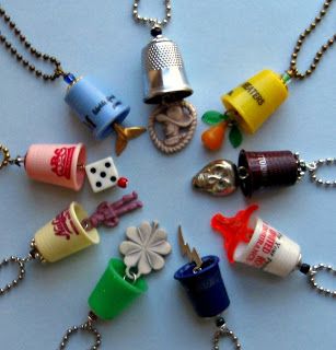 Upcycled Toys, Thimble Art, Recycled Necklace, Badge Necklace, Domino Jewelry, Upcycle Design, Altered Art Jewelry, Found Object Jewelry, Clay Bird