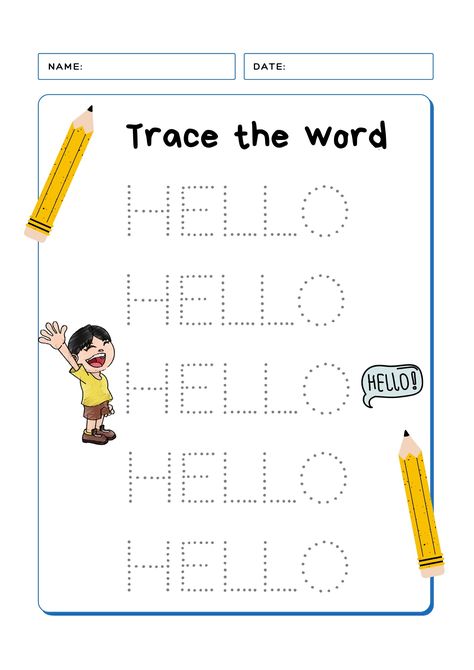 Tracing Worksheets: HELLO Greetings Worksheets For Kindergarten, Greetings Worksheets For Kids, Emotions Worksheets For Kids, Greetings Worksheets, Writing Practice For Kids, Hello English, Hello Good Morning, Kindergarten Phonics Worksheets, English Teaching Materials