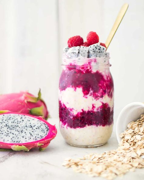 Dragon Fruit Overnight Oats with Chia Seeds - Dragon Fruit Breakfast, Dragon Fruit Overnight Oats, Pitaya Chia Pudding, Fruit Overnight Oats, Mango Chia Overnight Oats, Fruity Pebble Overnight Oats, Fruit Cubes, Overnight Oats With Chia Seeds, Oats With Chia Seeds