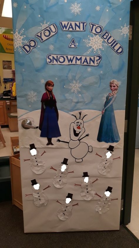 Disney's Frozen inspired classroom door decoration. Do you want to build a snowman, olaf Classroom Door Decoration Winter Wonderland, Snow Themed Classroom Door, Frozen Door Decorations Christmas, Do You Want To Build A Snowman Craft, Frozen Christmas Door Decorating Contest, Disney Door Decorating Contest, Frozen Hallway Decorations School, Frozen Bulletin Board Ideas, Frozen Door Decorations For School