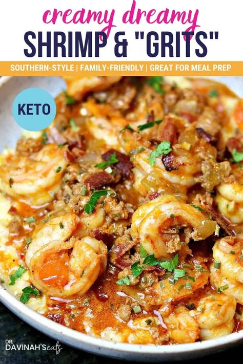 This is a keto-friendly Southern Shrimp & Grits recipe that will wow! The flavors of the shrimp, chorizo & bacon create a pan sauce that is a flavor explosion. I substitute cauliflower rice for the grits that are usually included in this dish. #keto #shrimp #shrimpandgrits #cauliflowerrice #lowcarb #ketorecipes #lowcarbrecipes Shrimp Chorizo, Shrimp Grits Recipe, Keto Shrimp Recipes, Keto Shrimp, Eating Keto, Grits Recipe, Pan Sauce, Shrimp Grits, Cheese Grits