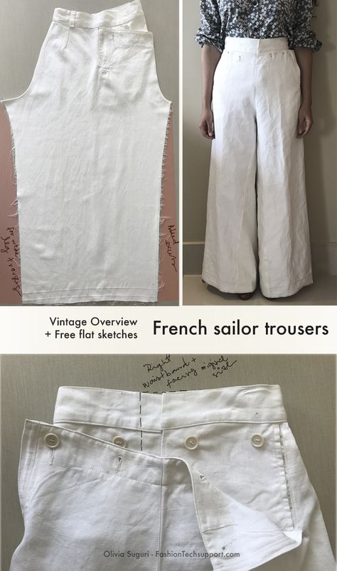 Vintage sailor trousers, with no side seam and 4-button fastening (no zipper). Adjusted and customised as wide leg trousers. Visit my blog for more pictures and Free flat sketches. #jeanpaulgaultier #fashiondesign #patterncutting #clothingrepair #inspiration #fashionresearch #fashionportfolio #fashionhistory Sailor Trousers Pattern, Linen Sailor Pants, Wide Leg Linen Pants Sewing Pattern, Vintage Pants Pattern, Wide Leg Pants Pattern Free, Sailor Pants Pattern, Wide Pants Pattern, Adjustable Trousers, Linen Pants Pattern