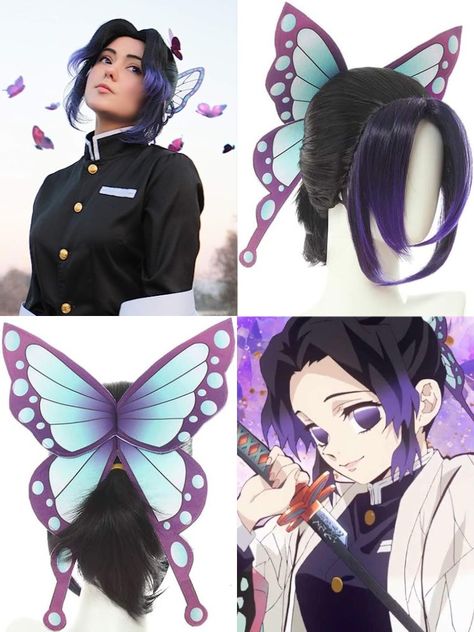 Demon Slayer, Kimetsu no Yaiba, Shinobu Kocho Cosplay Wig. Perfect for anime conventions like Comic Con, Anime Expo, or even worn as a Halloween costume. Great for any Demon Slayer, Kimetsu no Yaiba-themed events and parties. Click on link to view item! Shinobu Hairstyle, Demon Slayer Hair Styles, Shinobu Costume, Kny Wallpapers, Shinobu Cosplay, Butterfly Hairpin, Kochou Shinobu, Art Outfit, Anime Expo