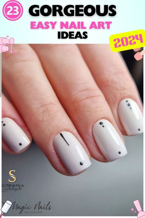 Easy Nail Art on short square nails with minimalist black dot and line art. Chic and modern, perfect for a sophisticated look. Acrylic material. Dots Nails Art, Minimalist Short Nails Art Designs, Nail Designs For Short Square Nails, Easy Short Nails Design, Nails Dots Minimalist, Easy Nail Art For Short Nails, Nails With Dots Simple, Simple Dot Nail Art, Nail Art Dots