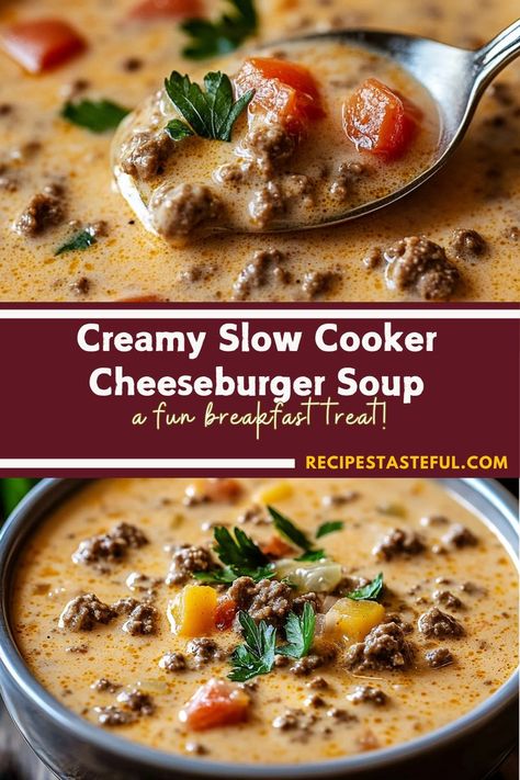 This hearty and creamy cheeseburger soup combines ground beef, potatoes, and cheddar cheese for a deliciously comforting meal. Perfect for chilly evenings, this slow cooker recipe is easy to prepare and packed with flavor. Crockpot Soup Recipes Ground Beef, Soups With Ground Beef Crockpot, Creamy Cheeseburger Soup, Slow Cooker Cheeseburger Soup, Ground Beef Soup Recipes, Cheeseburger Soup Slow Cooker, Ground Beef Soup, Cheeseburger Soup Crockpot, Potato Cheddar Soup