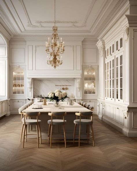 Luxury U Shaped Kitchen, French Style Homes Interior Luxury, Gorgeous Kitchen Islands, Gorgeous Kitchens Luxe, French Manor House Interior, French Mediterranean Decor, French Architecture Homes, Kitchen Cabinet Colours, French Villa Interior