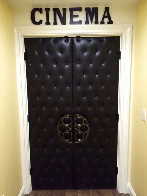 The custom doors were so important to make this movie theatre's look and feel like it's the real deal. Theatre Door Design, Home Theatre Door, Pink Library, Theatre Bar, Home Movie Theater, Theatre Ideas, Bar Door, Theater Rooms, Regency Decor