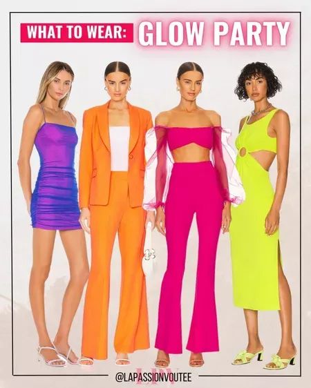 Neon Clothes Party Outfit Ideas, Colourful Party Outfit, Outfit Neon Party Night, Glow Theme Party Outfits, Neon Glow Outfit, Glow Party Outfit Women, Neon Night Outfit, Glow In The Dark Outfit Ideas, Neon Clothes Party