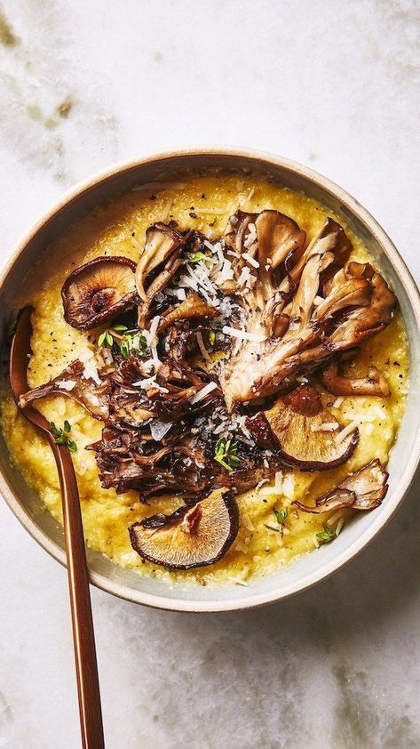 Polenta with Roasted Mushrooms Baked Polenta, Thyme Recipes, Overnight Oat, Roasted Mushrooms, Cereal Recipes, Mushroom Recipes, Polenta, Couscous, Oven Baked