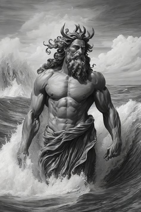 Poseidon💪 Poseidon Illustration, Poseidon Drawing, Poseidon Sculpture, Poseidon Statue, Greek Stories, Poseidon Trident, Poseidon Tattoo, Historical Humor, Greek Pantheon