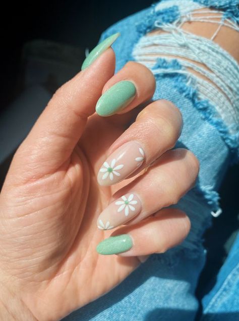 Pretty Dip Powder Nails Ideas Spring Ideas Green Acrylic Nails Almond Shape, Mint Green White Nails, Nails Almond Shape White Design, Nude Nails With Green Flowers, Green Flower Almond Nails, Almond Nails Designs Spring Green, Mint Almond Nails Design, Acrylic Nail Designs For Summer Flowers, Green Nails Ideas Flower