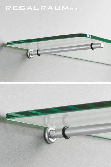 On regalraum.com you'll find lots of floating shelf brackets for slip-on shelves or for laying shelf boards. Floating Glass Shelves Living Room, Glass Shelf Ideas, Glass Floating Shelves, Glass Shelf Bathroom, Invisible Shelf Brackets, Glass Bar Shelves, Invisible Shelf, Hidden Shelf Brackets, Moody Maximalism