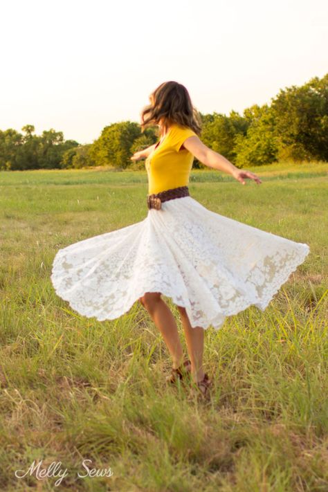 Twirling skirt - Turn a vintage table cloth into a skirt - sustainable sewing tutorial by Melly Sews Skirt Twirl Reference, Skirt Twirl Drawing Reference, Skirt From Tablecloth, How To Sew A Circle Skirt, Doily Clothes, Sewing Tablecloth, Tablecloth Clothes, Reversible Circle Skirt Tutorial, Spinning Dress