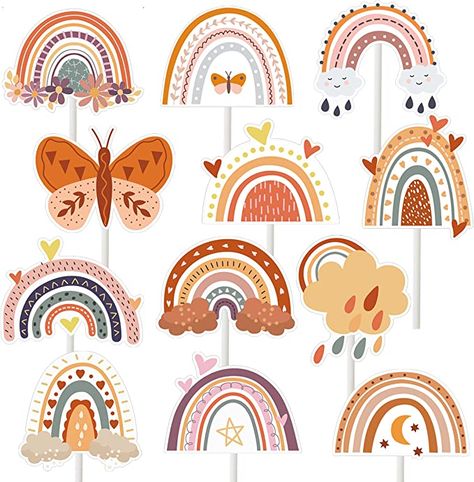 Boho Rainbow Cupcake Toppers, Boho Cupcake Toppers, Rainbow Cupcake Toppers, Boho Rainbow Party, Rainbow Balloon Arch, Baby Cupcake Toppers, Bohemian Birthday, Rainbow Cupcake, Rainbow Party Decorations