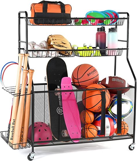 Amazon.com: Home-it Ball Rack for Garage - Indoor & Outdoor Garage Ball Organizer Holder with Baskets, Rolling Wheels & Breaks - Large Capacity Garage Sports Equipment Organizer - Heavy Duty Steel Storage Cart : Sports & Outdoors Sports Gear Organization, Ball Organizer, Indoor Outdoor Garage, Sports Equipment Organization, Organizing With Baskets, Sports Equipment Storage, Outdoor Garage, Sport Rack, Sports Storage