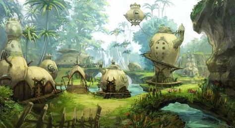 Swamp Village Concept Art, Swamp Village Fantasy Art, Fairy Village Art, Barbarian Village, Fantasy Swamp, Swamp Village, Village Concept Art, Iridescent Wall, Village Illustration