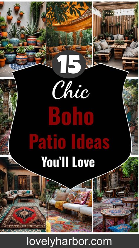 15 Chic Boho Patio Ideas You’ll Love Funky Outdoor Spaces, Zen Porch Ideas, Boho Deck Ideas, Hippie Porch Ideas, Screened In Porch Decorating Ideas Boho, Southwest Outdoor Patio Ideas, Boho Deck Patio, Back Patio Design Ideas, Outdoor Boho Patio