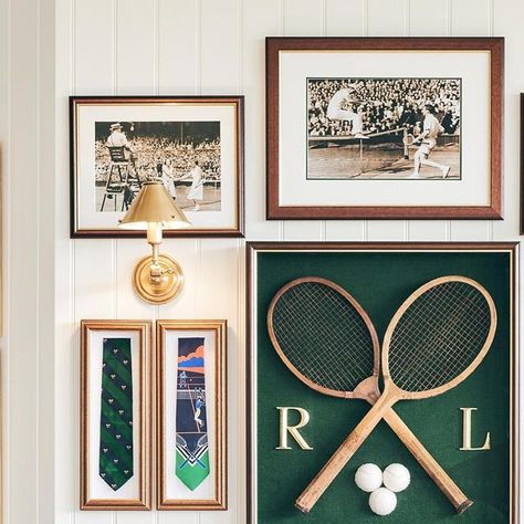 Ralph Lauren Home on Instagram: "The #RalphLauren suite hosts a heritage-inspired celebration in a palette of green and white—an ode to The Championships, #Wimbledon. Discover more from the Ralph Lauren suite at Centre Court via the link in bio.   #RalphLaurenHome" Gallery Wall Ralph Lauren, Polo Inspired Nursery, Ralph Lauren Inspired Decor, Ralph Lauren Game Room, Vintage Wimbledon Aesthetic, Ralph Lauren A Way Of Living, Ralph Lauren Inspired Bathroom, Ralph Lauren Coastal Interiors, Vintage Ralph Lauren Home