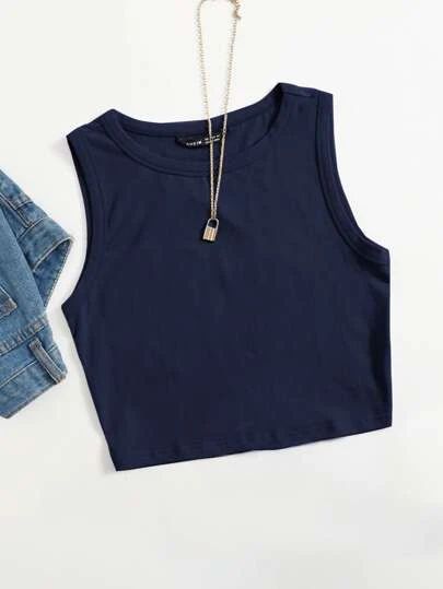 Blue Tank Top Outfit, Solid Crop Tank Top, Tight Tank Top, Navy Blue Tank Top, Tank Top Outfits, Women Tank Tops, Blue Crop Tops, Causual Outfits, Crop Top Outfits