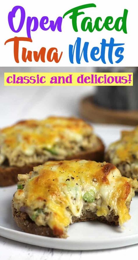 Open Faced Tuna Melts are a staple menu item at our home. A great, tasty, weeknight meal that includes canned tuna, celery, red onion, and spices - all piled high on bread, topped with cheese! | suebeehomemaker.com | #openfacedtunamelts #tunamelts #cheesytunamelts Tuna Fish Melt Sandwich, Tuna Melt Recipe Open Face, Spicy Tuna Melt Sandwich, Mini Tuna Melts, Tuna Bunwiches, Tuna Melt Sandwich In Oven, Open Face Tuna Melts In The Oven, Tuna Melts Sandwich, Canned Albacore Tuna Recipes