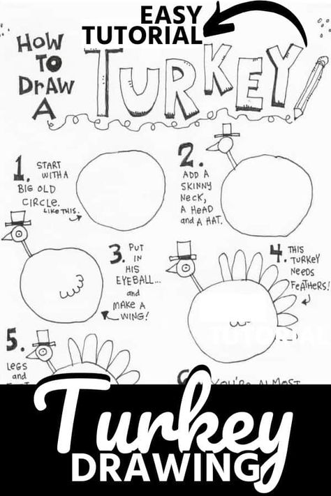 Learn how to draw a turkey in  6 easy steps. Celebrate Thanksgiving with a cartoon turkey drawn by you! #Thanksgiving #howtodraw #cartoon #turkey Easy Turkey Doodle, How To Draw A Simple Turkey, Funny Turkey Drawing, How To Draw Turkey, Turkey Doodle Easy, How To Draw A Turkey Easy, Easy Thanksgiving Drawings, How To Draw A Turkey, Thanksgiving Doodles Easy