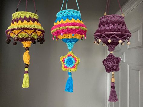 Crochet Boho Lantern Free Pattern, Crochet Outdoor Decor, Crochet Ceiling Decor, Crochet Lantern Pattern Free, Crochet Lanterns, Boho Lanterns, Crochet Lampshade, Crochet Lamp, Dorm Gift