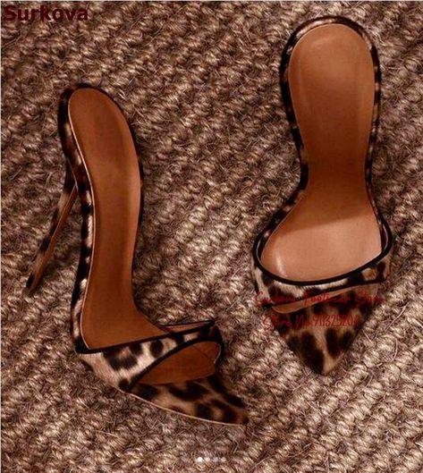 Surkova Leopard Satin Cloth High Heel Slippers Women Slip-on Pointed Toe Dress Pumps Wexy Concise Evening Banquet Footwear - AliExpress 322 Shoes Editorial, Full Outfits, Secret Admirer, Shoe Making, High Heel Slippers, High Heel Mules, Leopard Heels, Open Toe High Heels, Heel Mules