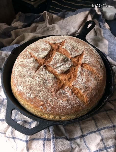 Rustic Cast Iron Skillet Bread Pan Bread Recipe, No Knead Bread Recipes, Cast Iron Skillet Bread, Iron Skillet Bread, Cast Iron Bread Recipes, Cast Iron Bread, England Farmhouse, Skillet Bread, New England Farmhouse