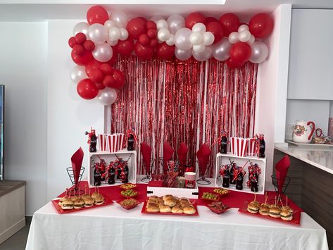 Red Theme Birthday Decorations, Coke Birthday Party Ideas, Coke Party Ideas, Red And White Party Ideas, 22nd Birthday Ideas Red, Coca Cola Theme Party, Red 22 Birthday Ideas, Red And White Decorations Party, Red 21st Birthday Party Ideas