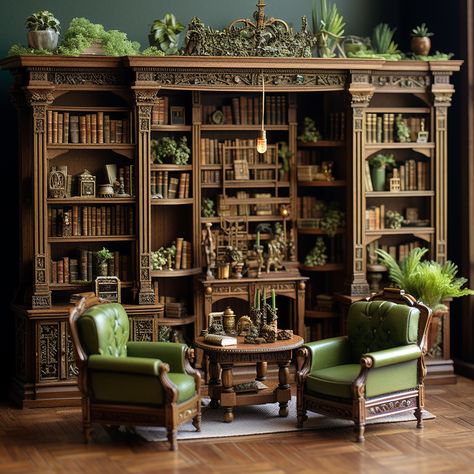 Victorian Bookshelf Aesthetic, Doll House Library, Victorian Dollhouse Interior, Victorian Bookshelf, Cottagecore Library, Wooden Bookshelves, Dark Academia Interior, Victorian Library, Dollhouse Library