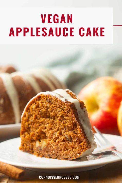 This vegan applesauce bundt cake is packed with spices, brown sugar, and walnuts, and topped with a sweet and buttery maple glaze! Applesauce Bundt Cake, Vegan Applesauce, Vegan Apple Cake, Apple Cake Recipe, Apple Sauce Recipes, Applesauce Cake, Vegan Apple, Healthy Vegan Desserts, Vegan Cake Recipes