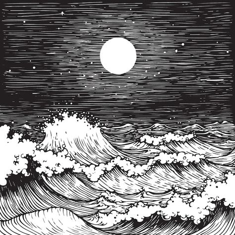 Stormy Sea Drawing, Moon Linocut, Night Seascape, Illustration Night, Ocean Drawing, Sea Drawing, Graphic Drawing, Night Illustration, Pen Drawings