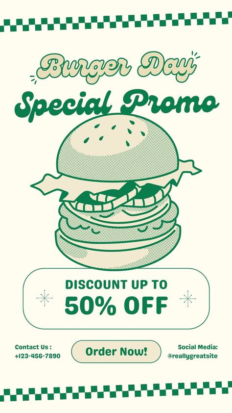 Green Retro Illustrative Hamburger Day Special Promo Instagram Story - Templates by Canva Retro Instagram Template, Retro Burger, Pizza Promo, Burger Illustration, Juicy Lucy Burger, Juicy Lucy, Font Combos, Create Your Story, Professional Fonts