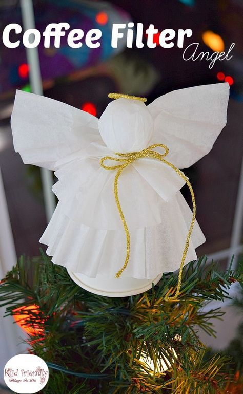 A Simple Coffee Filter Angel Christmas Tree Topper Craft for Kids to Make - Great Christmas decoration, and ornament. www.kidfriendlythingstodo.com Christmas Tree Topper Craft, Coffee Filter Christmas, Christmas Angel Crafts, Christmas Simple, Christmas Tree Angel, Angel Christmas Tree, Angel Christmas Tree Topper, Christmas Games For Kids, Christmas Traditions Family