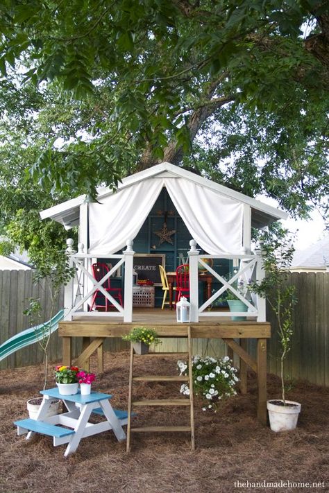 DIY Kids Outdoor Playset Projects • A roundup of 12 of the best projects we could find - with tutorials! • Including this one from the handmade home. Backyard Trees, Tree House Designs, Playhouse Outdoor, Backyard Fun, Shed Plans, Play House, Kid Spaces, Outdoor Projects, Outdoor Kids