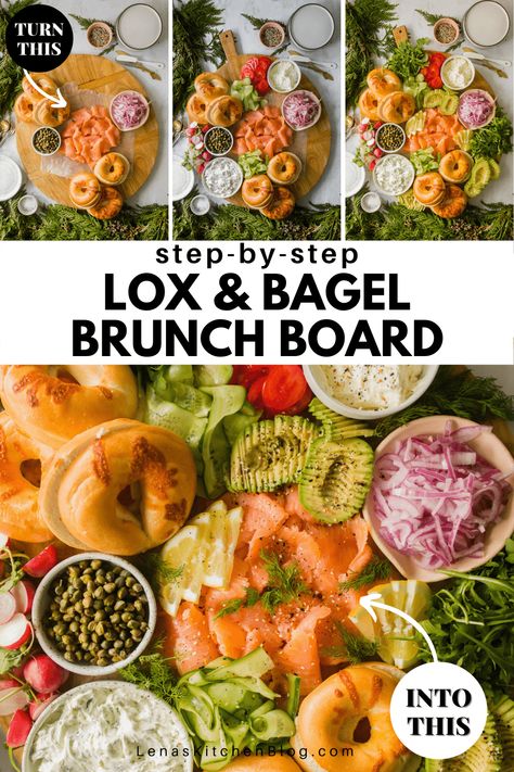 You’ll be the hostess with the mostest when you learn How To Create A Lox And Bagel Brunch Board! Serve this creative and flexible breakfast with lox, bagels, herbed cream cheese, and fresh toppings when you want to impress guests or celebrate special occasions. Bagels And Lox Charcuterie Board, Lox Platter Ideas, Herb Cream Cheese Recipe, Lox Breakfast, Bagel Board, Bagel Brunch, Lox Recipe, Herbed Cream Cheese, Brunch Board