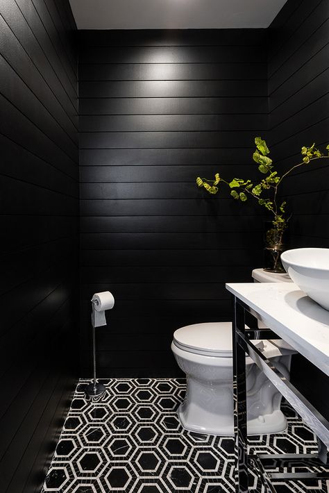 The completed modern powder room with white and black tile and black shiplap walls. Black And White Half Bath, White Half Bathroom, Black And White Half Bathroom, Black Half Bathroom, Black And White Powder Room, White Powder Room, Black Powder Room, Bathroom Wallpaper Modern, Modern Pedestal Sink