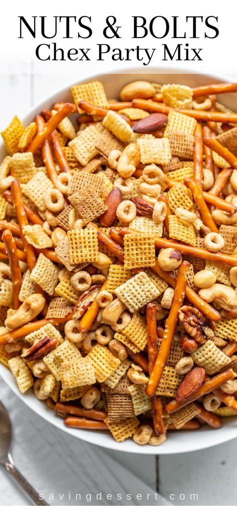 Nuts & Bolts, also known as Party Chex Mix, is one of the easiest, most beloved, delicious, quintessential holiday snacks ever invented! A terrific snack for the holidays, parties and football! #savingroomfordessert #chexmix #chexmixrecipe #nuts&bolts #snackmix #appetizer #holidays #chexrecipe #recipe #easyrecipe #chexpartymix Chex Recipes, Snow Recipe, Chex Party Mix, Chex Mix Recipes, Snack Mix Recipes, Holiday Snacks, Nuts Bolts, Chex Mix, Holiday Appetizers