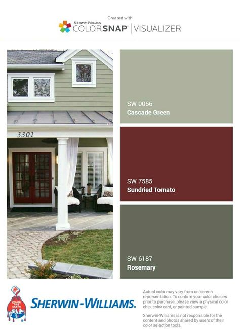 I just created this color palette with the Sherwin-Williams ColorSnap® Visualizer app on my Android phone. What do you think? You can learn more about ColorSnap Visualizer and get it on your phone free by visiting http://www.sherwin-williams.com/colorsnap. Red Siding House Exterior, Olive Green House Exterior, Sage Green House, Entryway Paint, Sherwin Williams Exterior, Green House Exterior, Shutter Colors, Trim Paint, Outside Paint