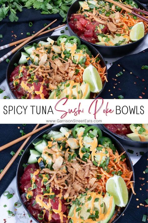 Spicy Tuna Roll Bowl, Spicy Tuna Rice Bowl, Poke Rice Bowl Recipe, Poke Marinade, Poke Rice Bowl, Spicy Tuna Poke Bowl, Poke Rice, Spicy Tuna Poke, Tuna Sushi Bowl