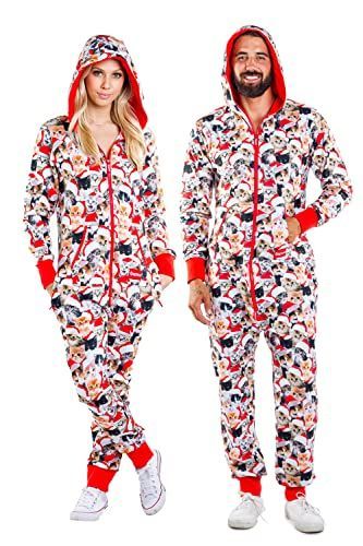 If you are looking for Christmas onesies for couples who are cat lovers, then you may fall in love with this outfit. It features various adorable cats wearing Santa hats. Moreover, it is designed perfectly to feel the warmth during bedtime. Not to mention, the lovely cat images on the pajamas will accompany you to have restful sleep. Couples Onesies, Christmas Jumpsuit, Christmas Onesies, Adult Onesies, Holiday Jumpsuit, Ugly Sweater Contest, Christmas Couples, Cat Images, Tipsy Elves