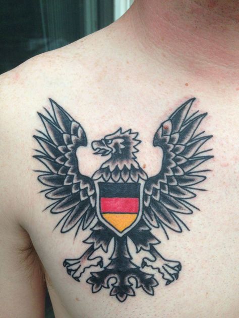 Love to get this on the back of my calf! Germanic Tattoos, Denmark Tattoo, German Crafts, Black Eagle Tattoo, Eagle Chest Tattoo, Armour Tattoo, Stammestattoo Designs, Medieval Banner, Germany Tattoo