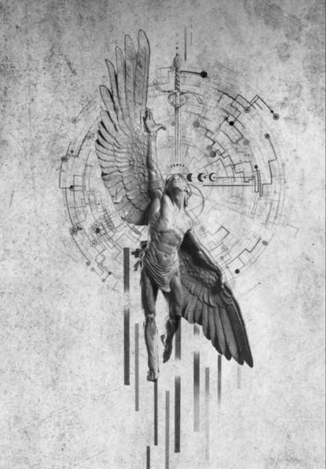 Icarus Tattoo Drawing, Icarus Tattoo Stencil, Concept Tattoo Ideas Greek, Greek Concept Tattoo, Stoic Tattoo Ideas, Stoic Concept Tattoo, Stoic Tattoo, Angel Tats, Man With Wings