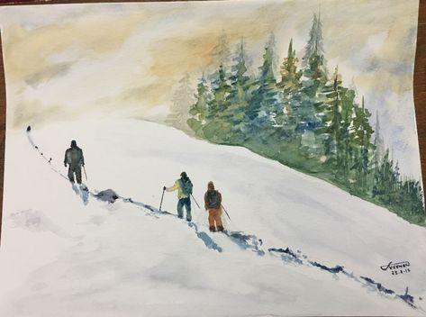 Trekking Painting, Trekking Drawing, Climbing Art, Winter Hike, Boho Christmas Decor, Tea Bag Art, Paintings Tutorials, Sketches Of People, Painting Snow